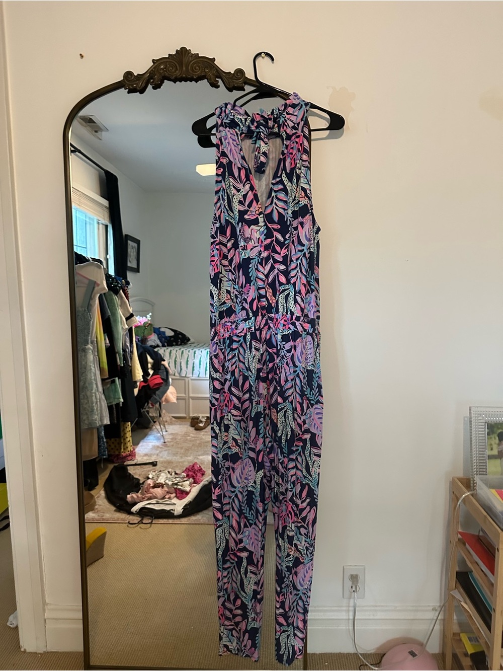 Lilly Pulitzer Navy Jumpsuit with Pink & Green Leaf Print